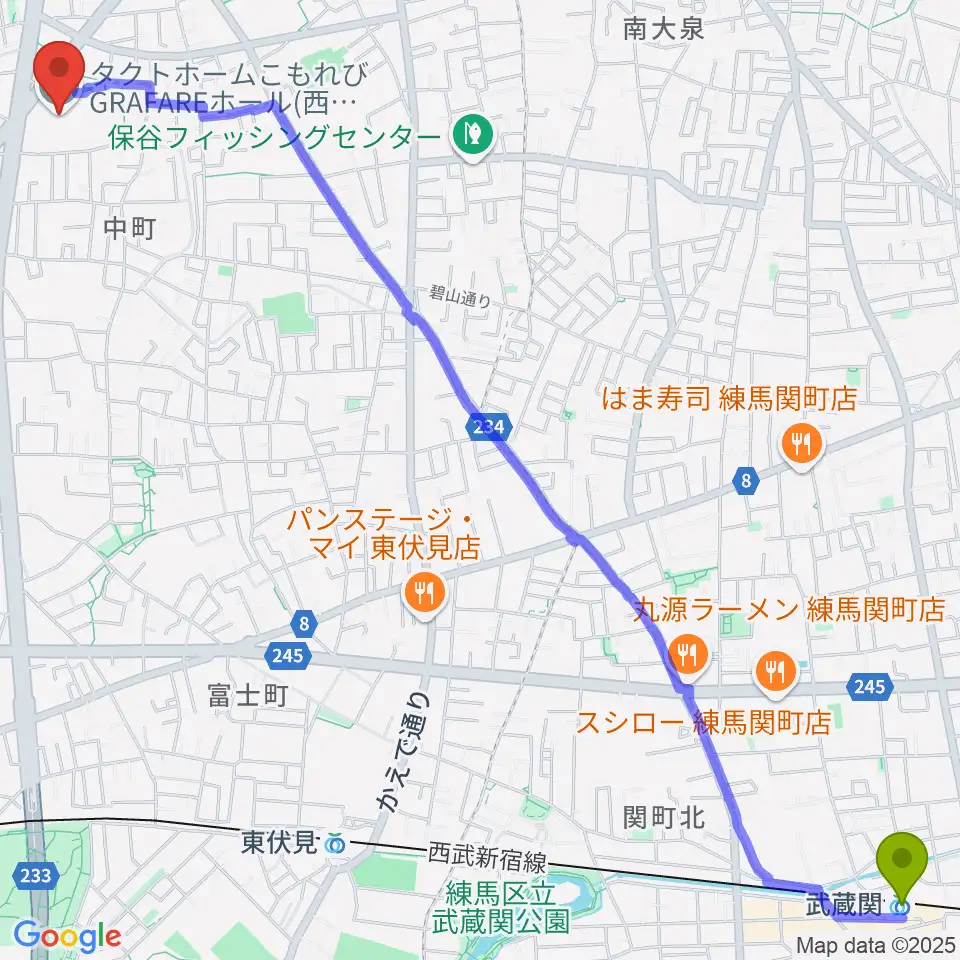 武蔵関駅からタクトホームこもれびGRAFAREホールへのルートマップ地図