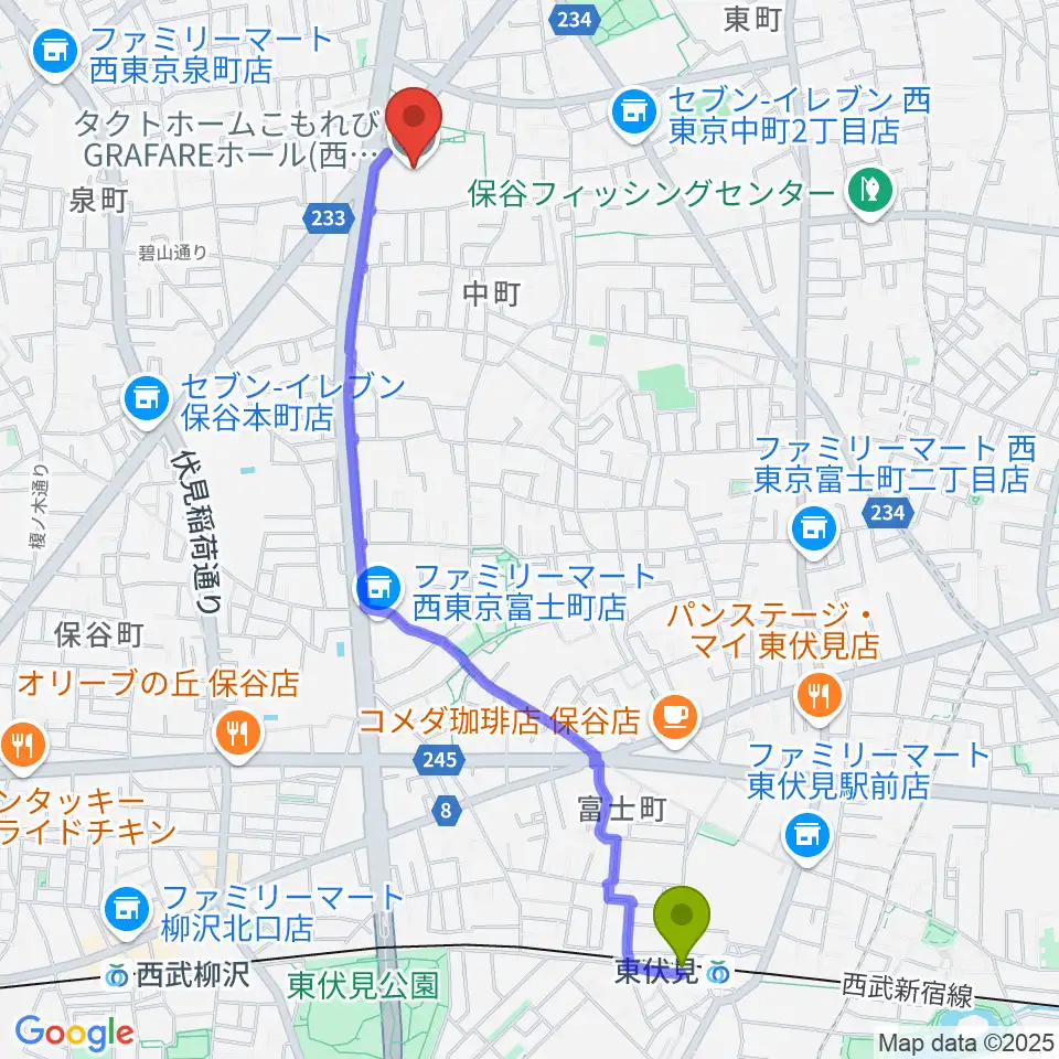 東伏見駅からタクトホームこもれびGRAFAREホールへのルートマップ地図