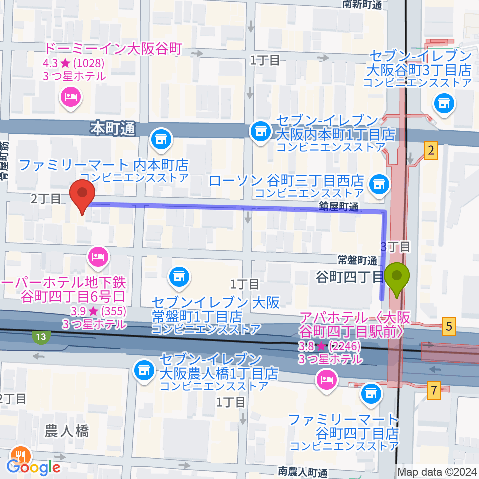 Hit Studio TANIYONの最寄駅谷町四丁目駅からの徒歩ルート（約5分）地図