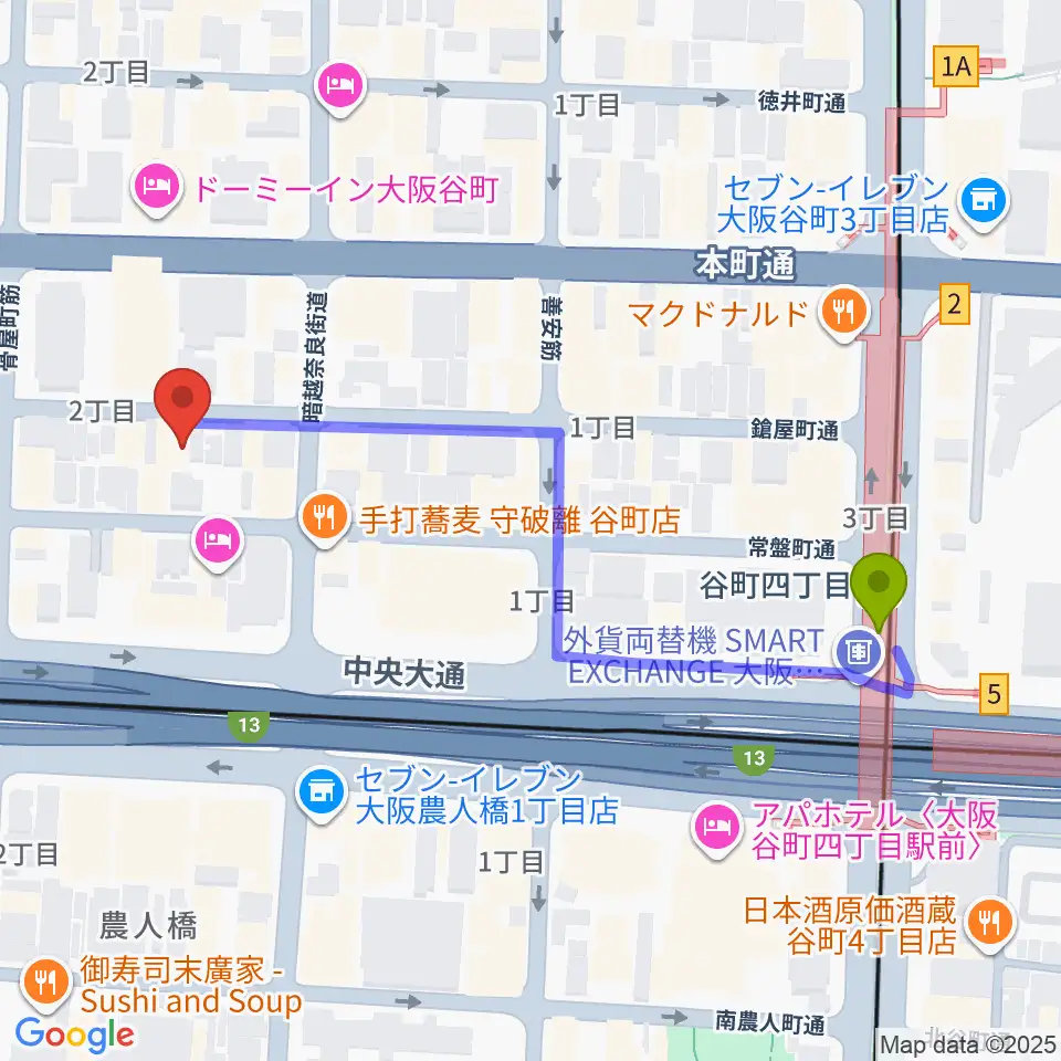 Hit Studio TANIYONの最寄駅谷町四丁目駅からの徒歩ルート（約5分）地図