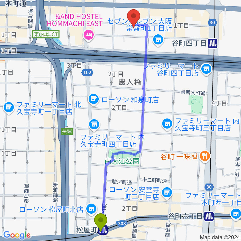 松屋町駅からHit Studio TANIYONへのルートマップ地図