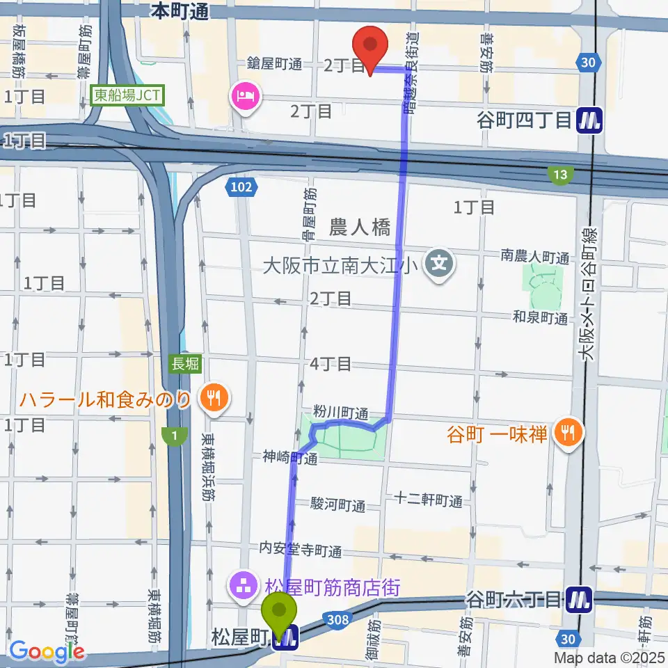 松屋町駅からHit Studio TANIYONへのルートマップ地図