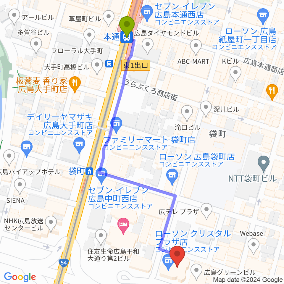 本通駅から広島ライブジュークへのルートマップ地図
