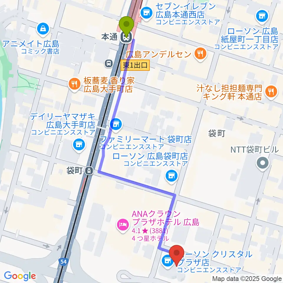 本通駅から広島ライブジュークへのルートマップ地図