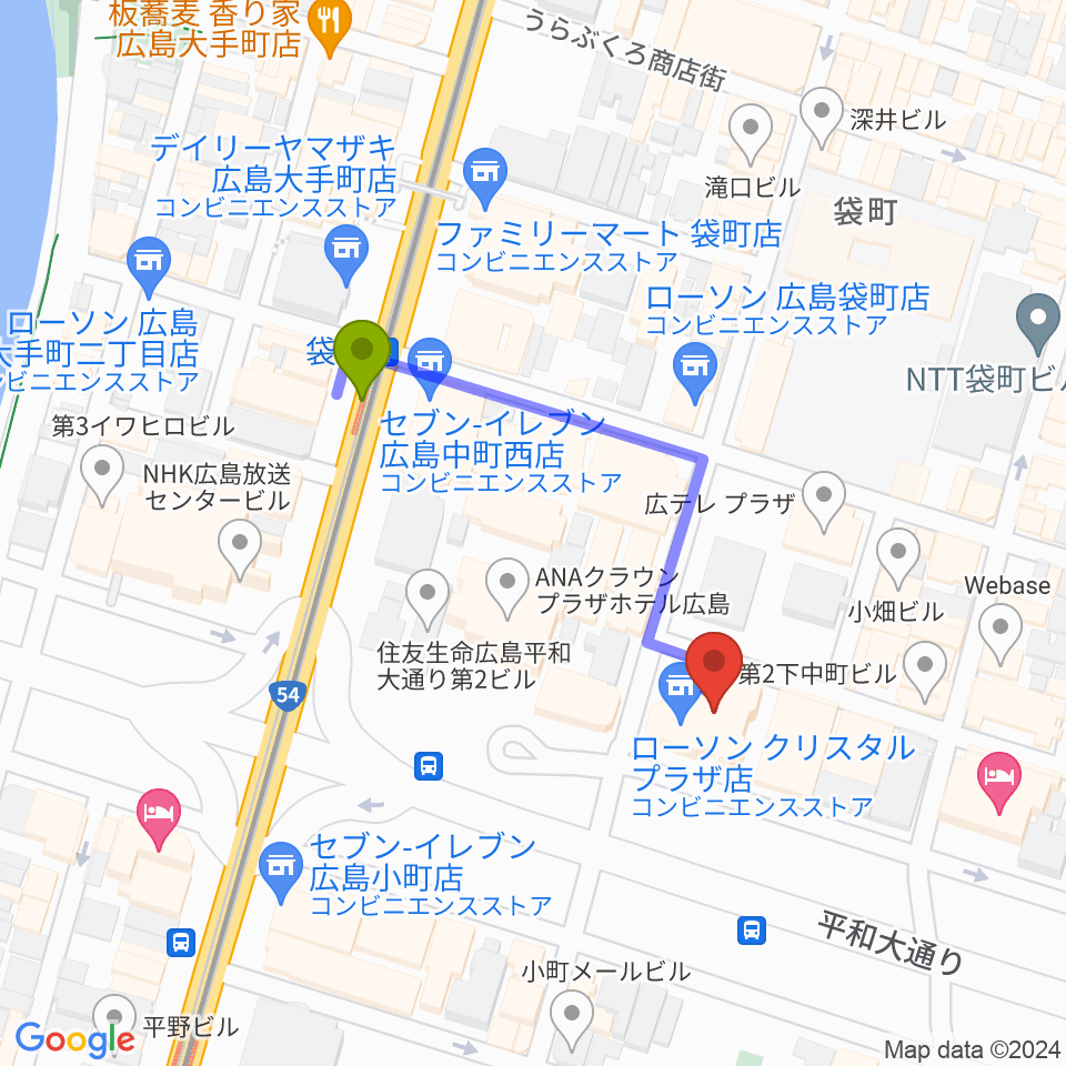 広島ライブジュークの最寄駅袋町駅からの徒歩ルート（約3分）地図