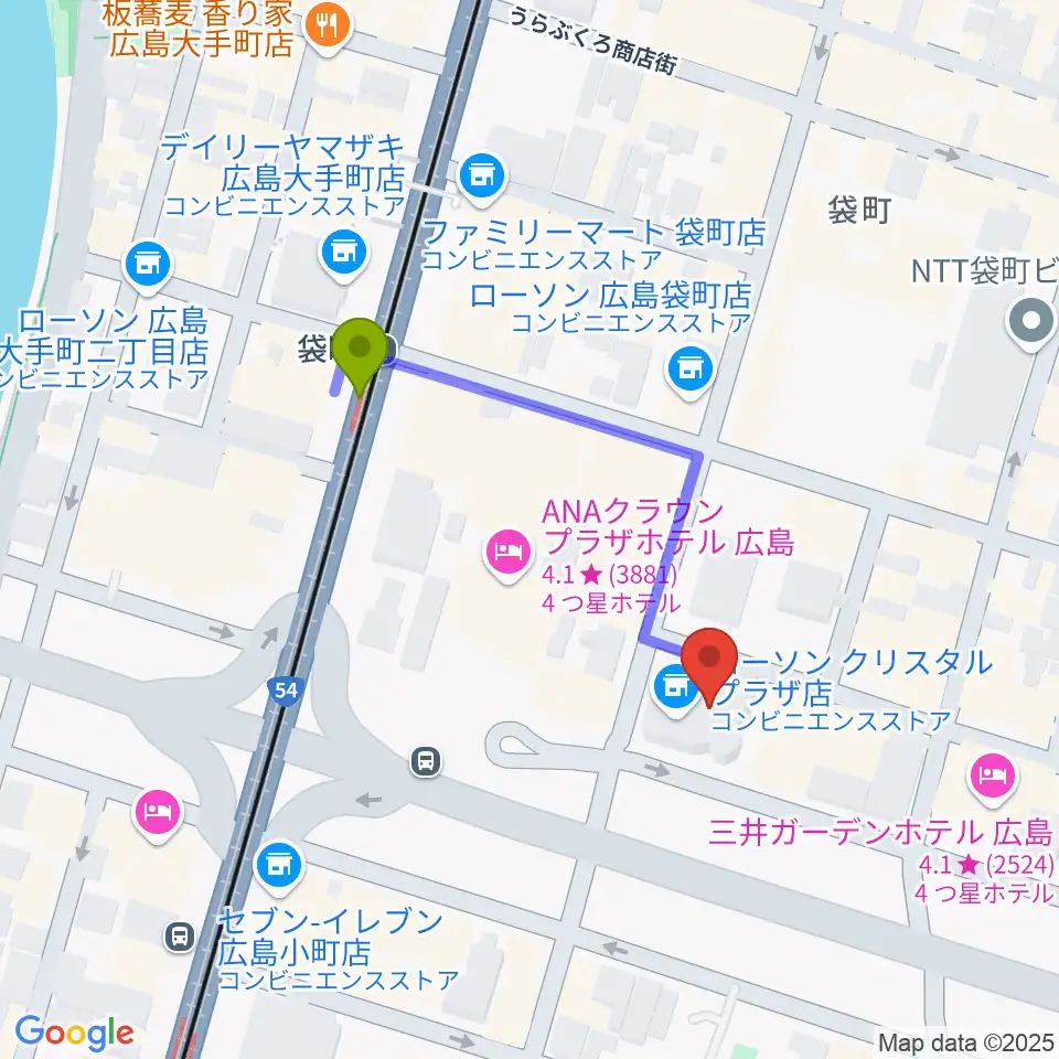 広島ライブジュークの最寄駅袋町駅からの徒歩ルート（約3分）地図