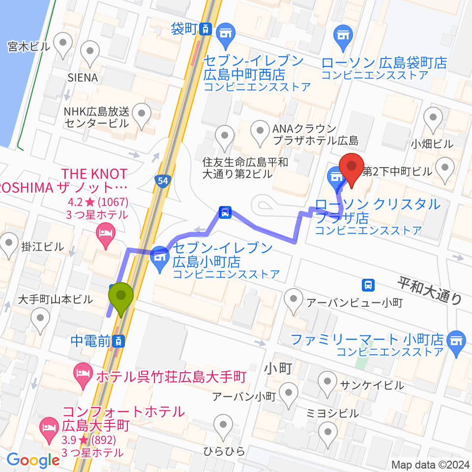 中電前駅から広島ライブジュークへのルートマップ地図