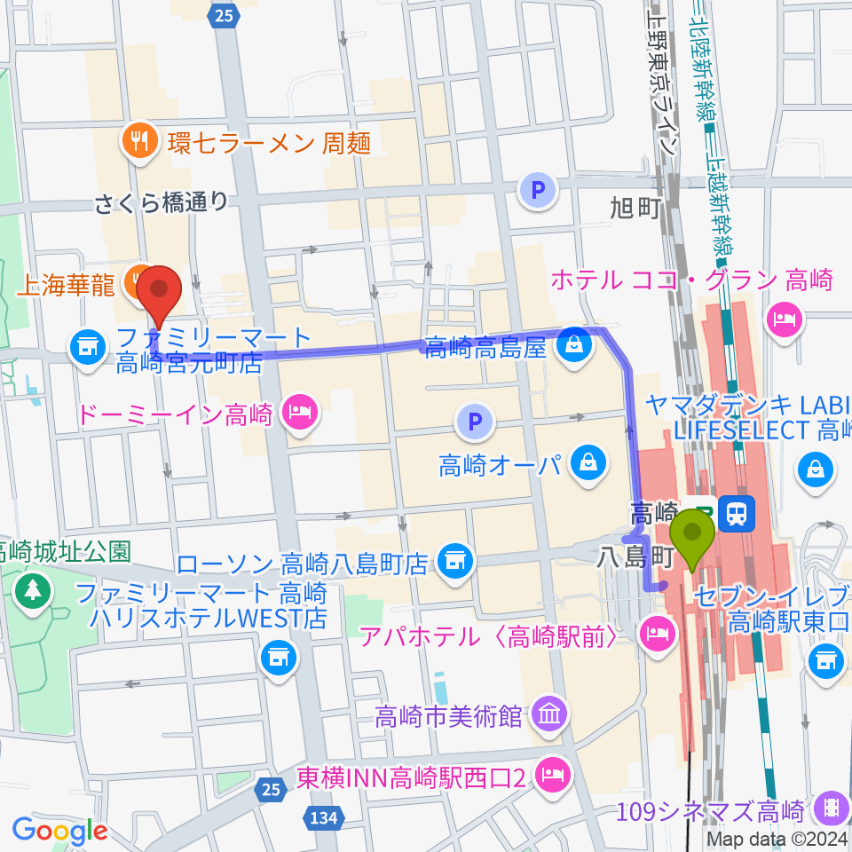 アースヴォーカルスタジオの最寄駅高崎駅からの徒歩ルート（約11分）地図