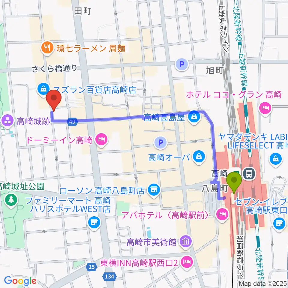 アースヴォーカルスタジオの最寄駅高崎駅からの徒歩ルート（約11分）地図