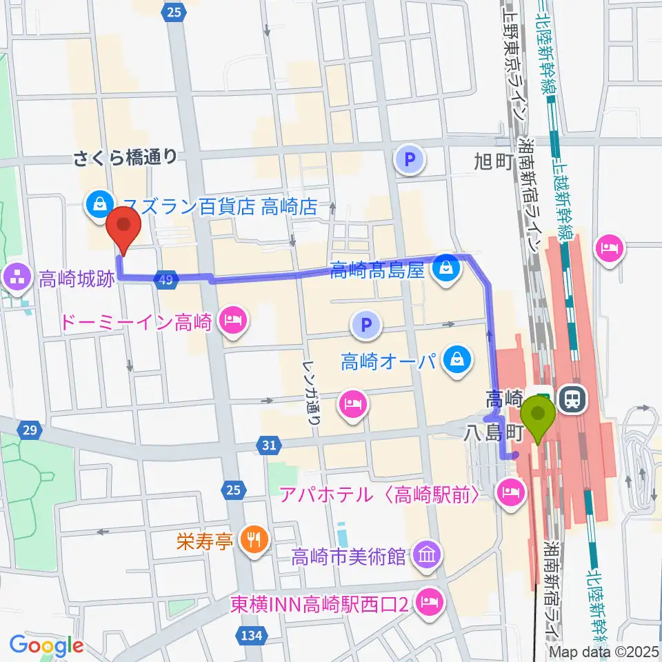 アースヴォーカルスタジオの最寄駅高崎駅からの徒歩ルート（約11分）地図