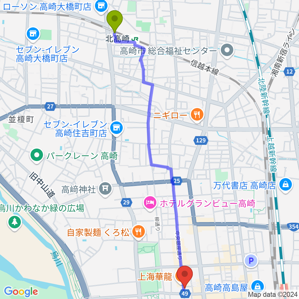 北高崎駅からアースヴォーカルスタジオへのルートマップ地図