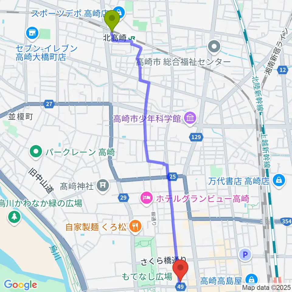 北高崎駅からアースヴォーカルスタジオへのルートマップ地図