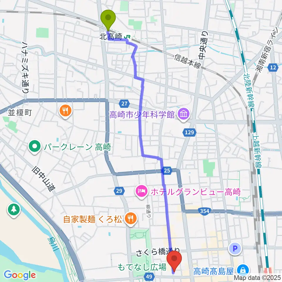 北高崎駅からアースヴォーカルスタジオへのルートマップ地図
