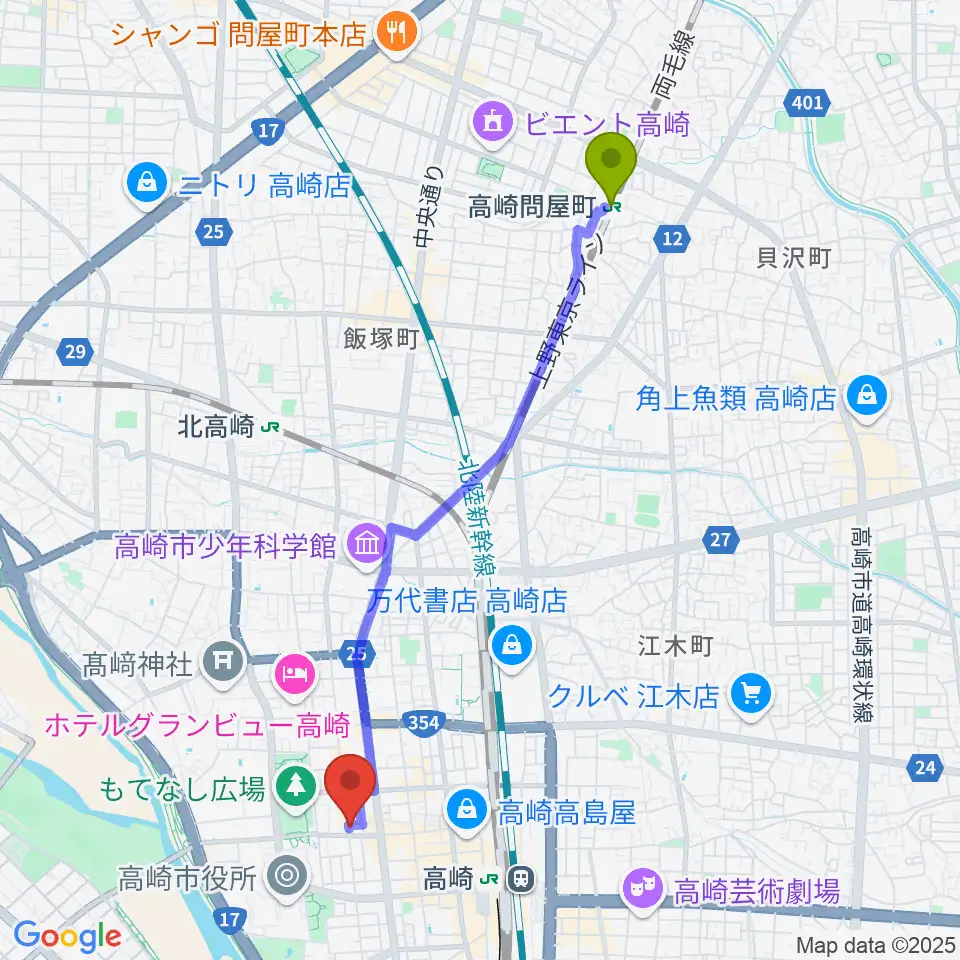 高崎問屋町駅からアースヴォーカルスタジオへのルートマップ地図