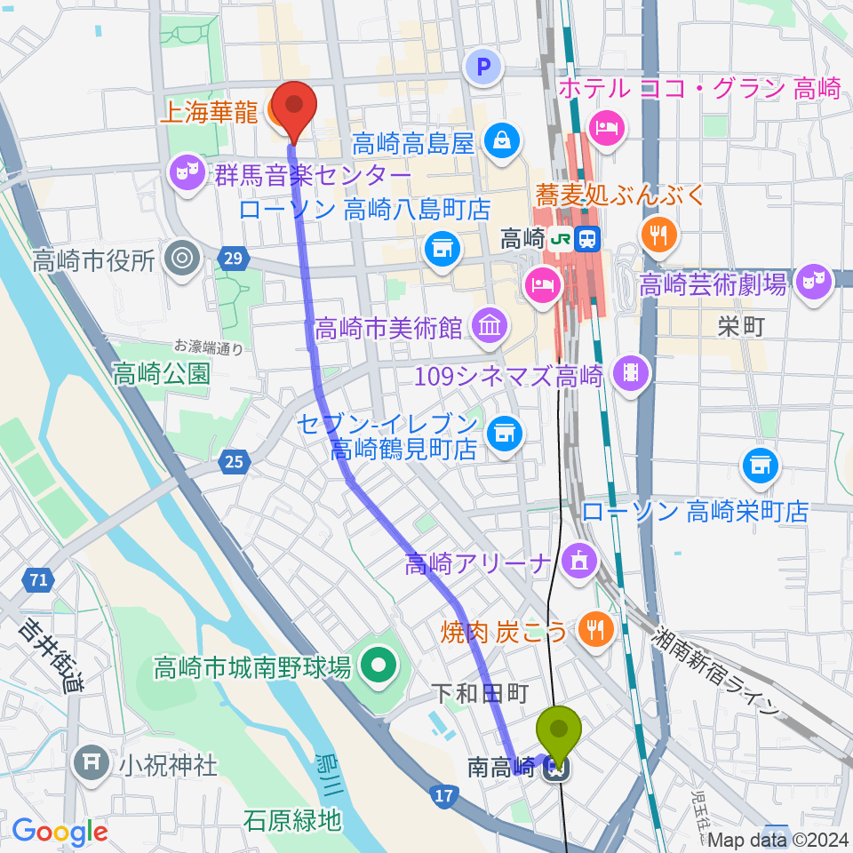 南高崎駅からアースヴォーカルスタジオへのルートマップ地図