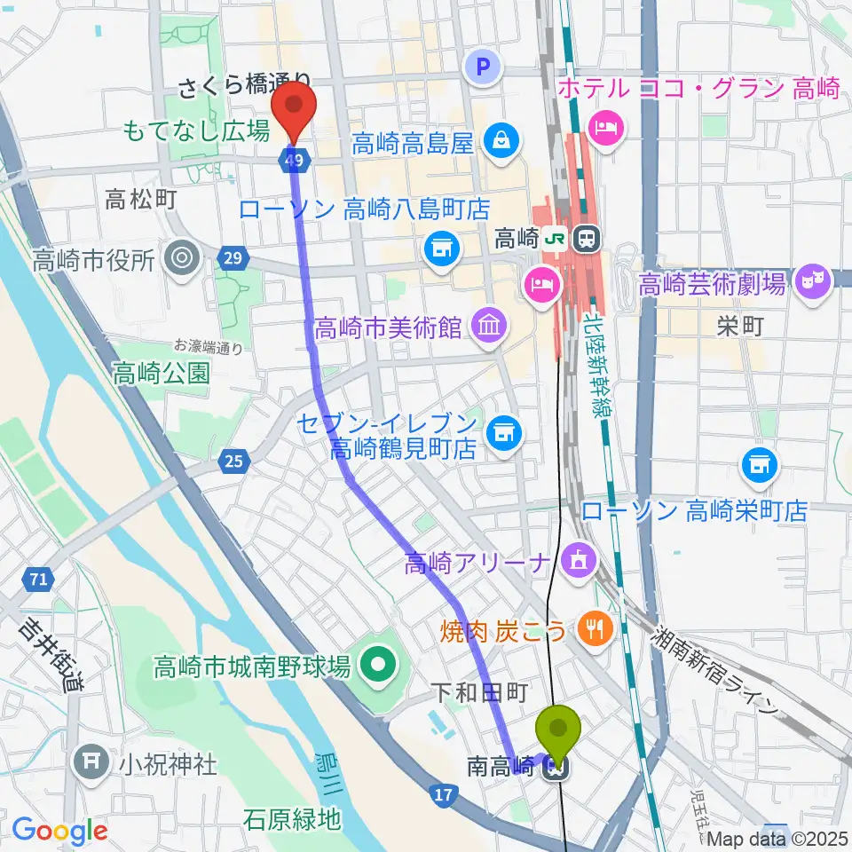 南高崎駅からアースヴォーカルスタジオへのルートマップ地図