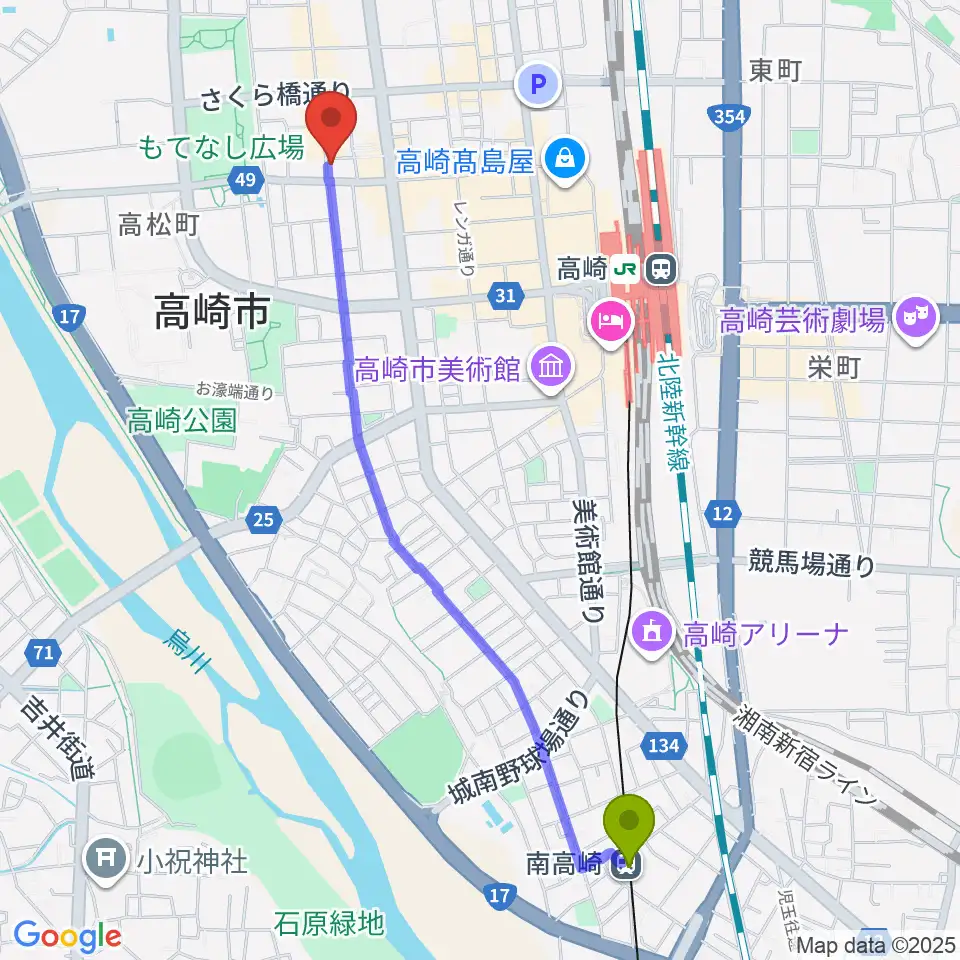 南高崎駅からアースヴォーカルスタジオへのルートマップ地図