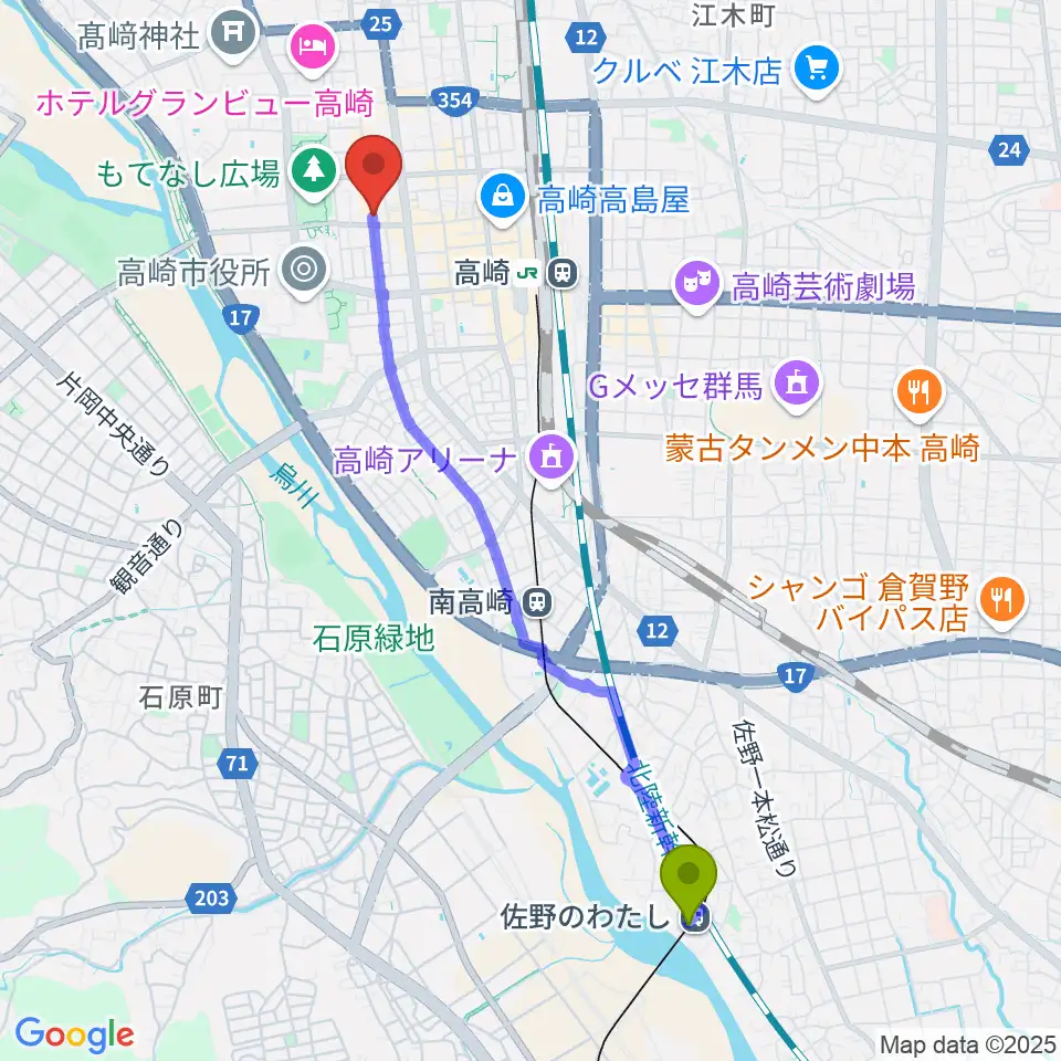 佐野のわたし駅からアースヴォーカルスタジオへのルートマップ地図