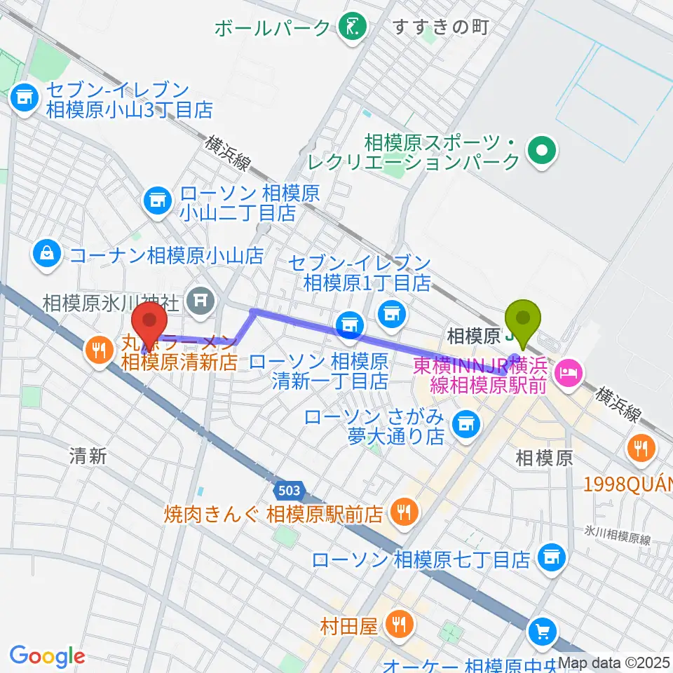 相模原駅からベルベットルームスタジオへのルートマップ地図