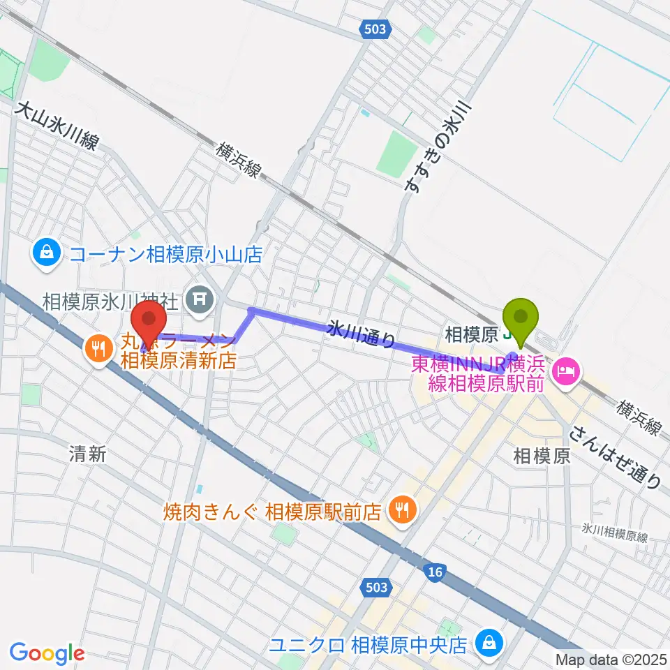 相模原駅からベルベットルームスタジオへのルートマップ地図