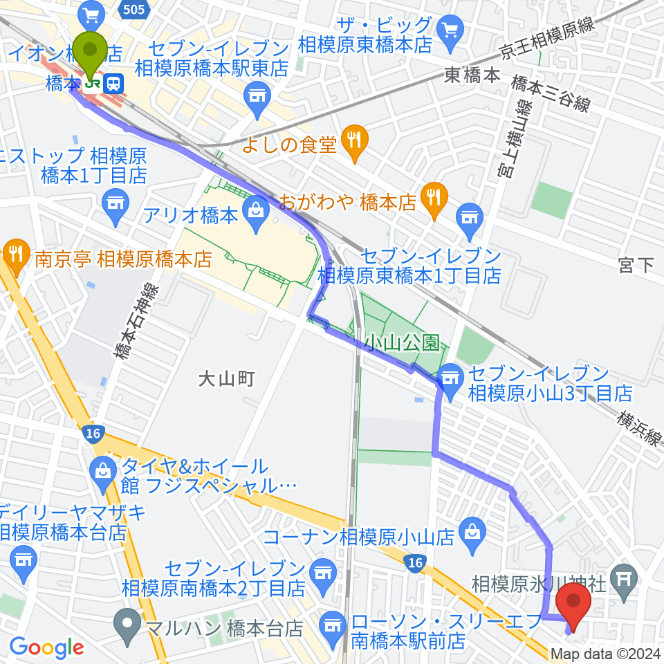 橋本駅からベルベットルームスタジオへのルートマップ地図