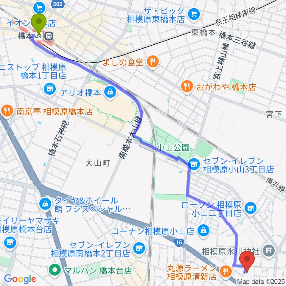 橋本駅からベルベットルームスタジオへのルートマップ地図