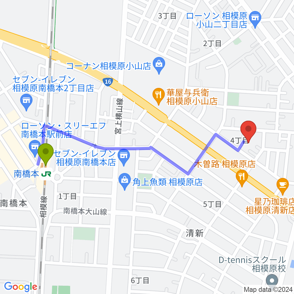 ベルベットルームスタジオの最寄駅南橋本駅からの徒歩ルート（約11分）地図