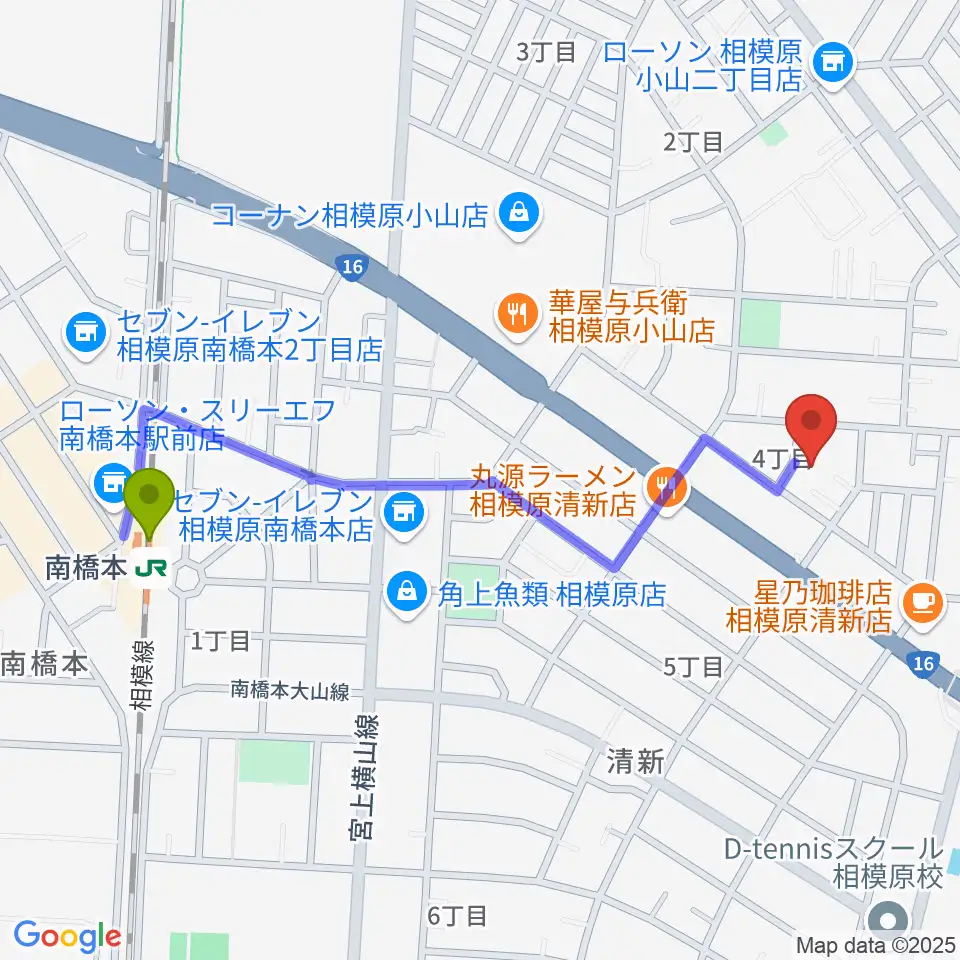 ベルベットルームスタジオの最寄駅南橋本駅からの徒歩ルート（約11分）地図