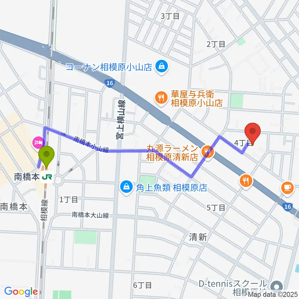 ベルベットルームスタジオの最寄駅南橋本駅からの徒歩ルート（約11分）地図