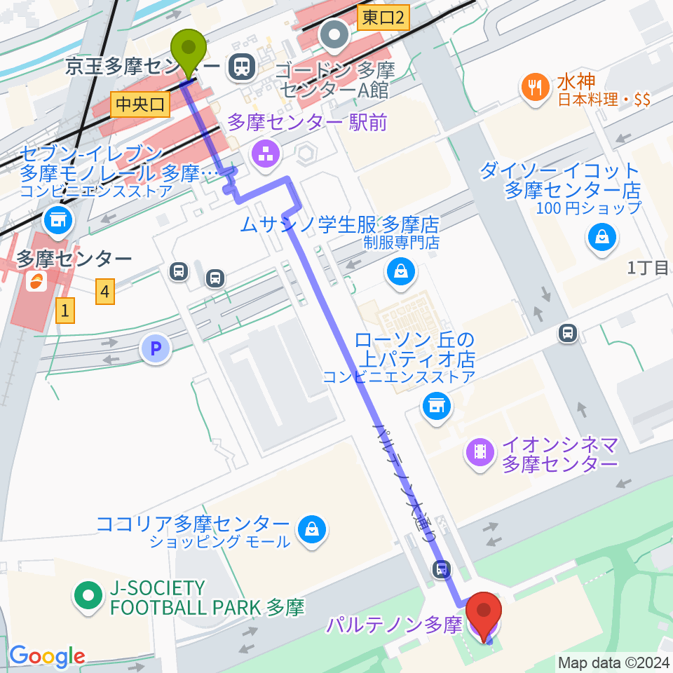 パルテノン多摩の最寄駅京王多摩センター駅からの徒歩ルート（約7分）地図