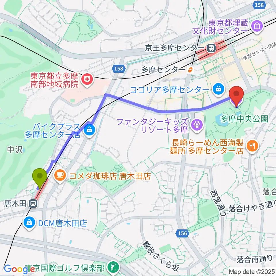 唐木田駅からパルテノン多摩へのルートマップ地図