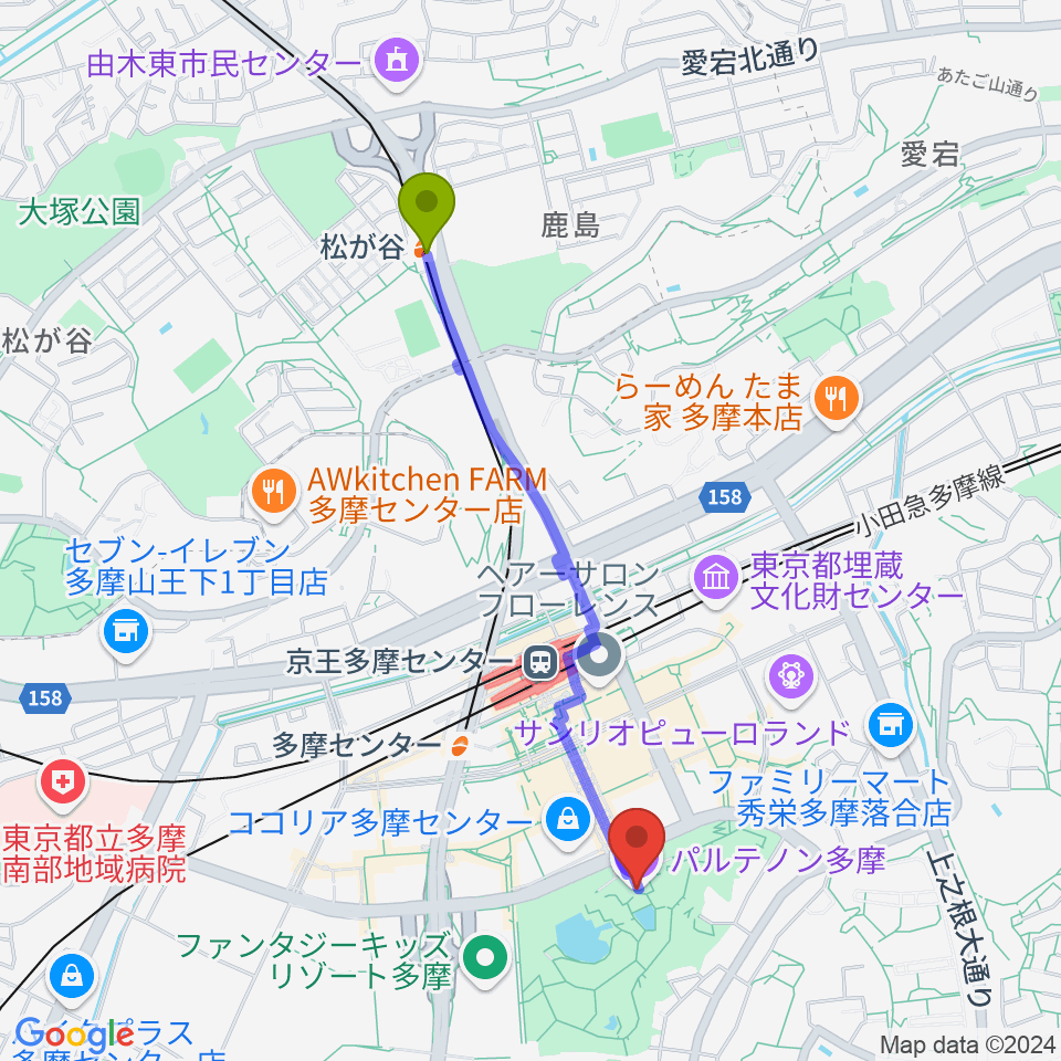 松が谷駅からパルテノン多摩へのルートマップ地図