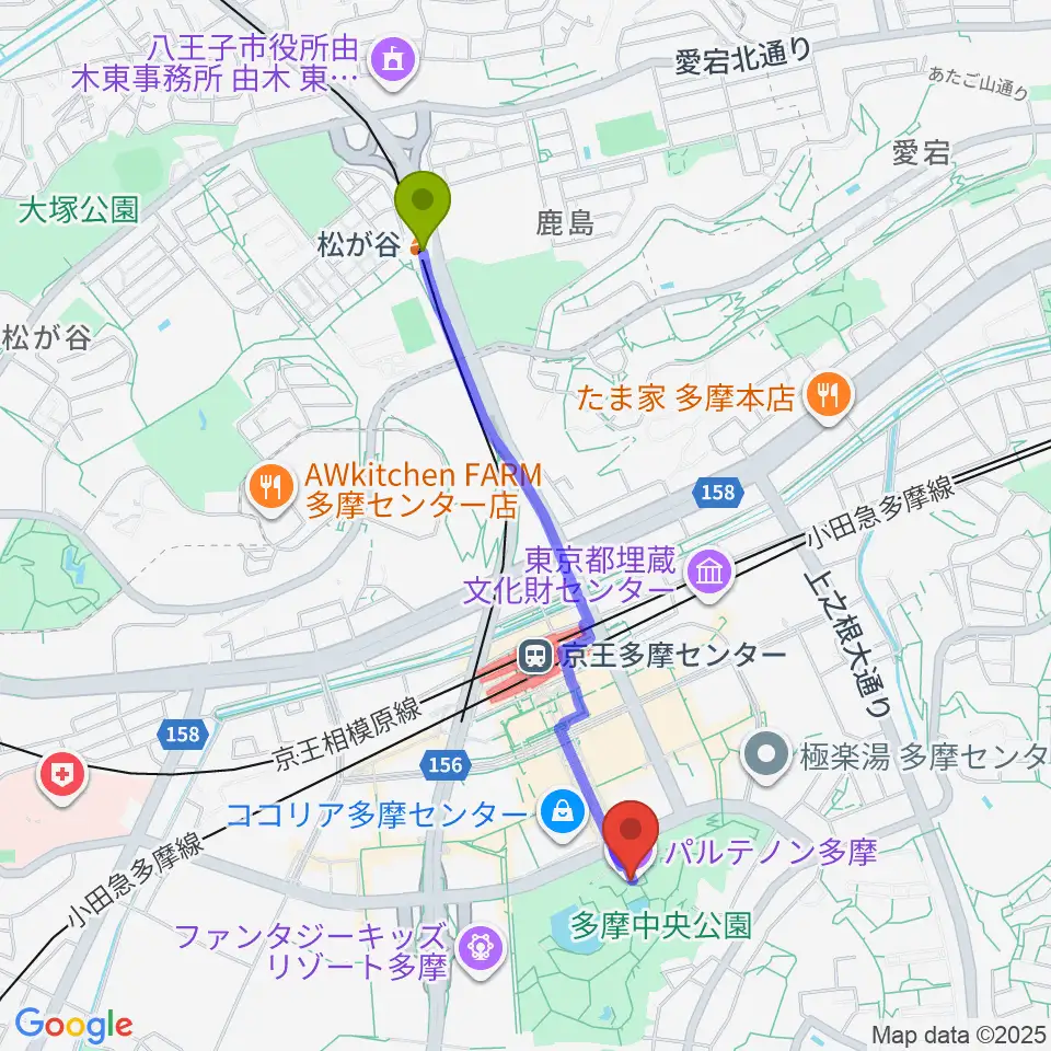 松が谷駅からパルテノン多摩へのルートマップ地図