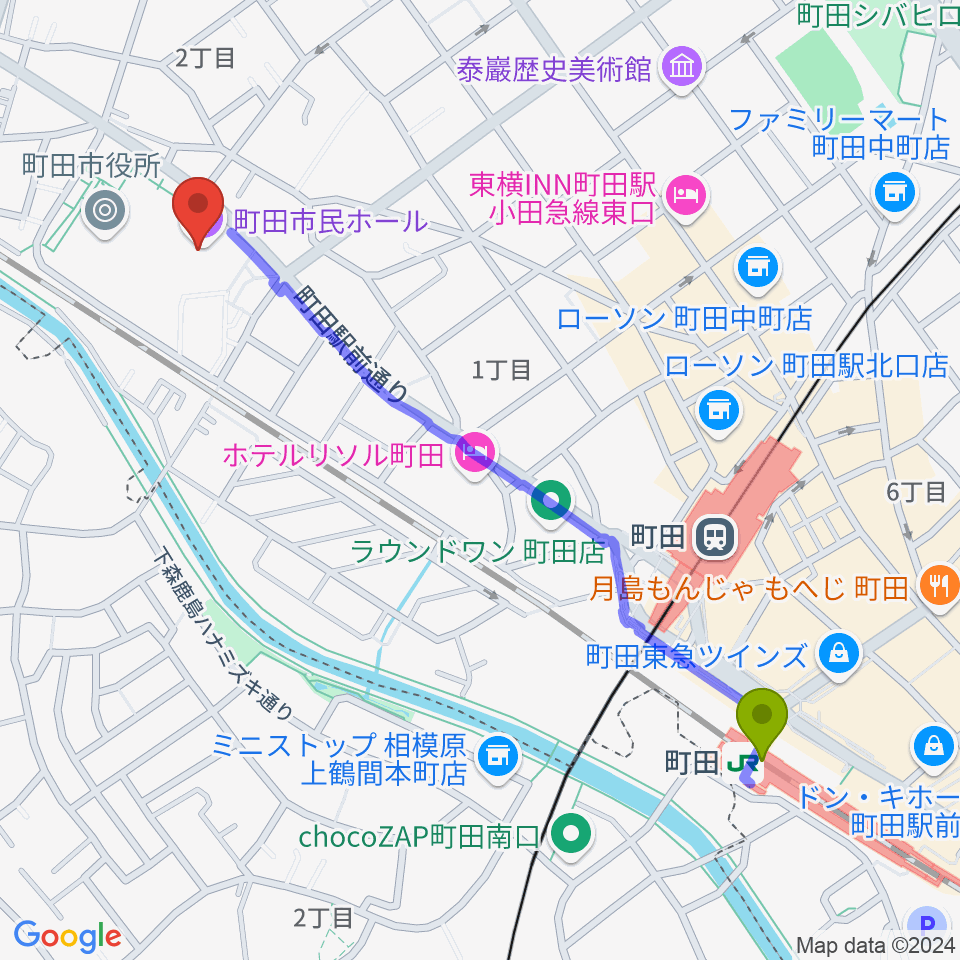 町田市民ホールの最寄駅町田駅からの徒歩ルート（約12分）地図