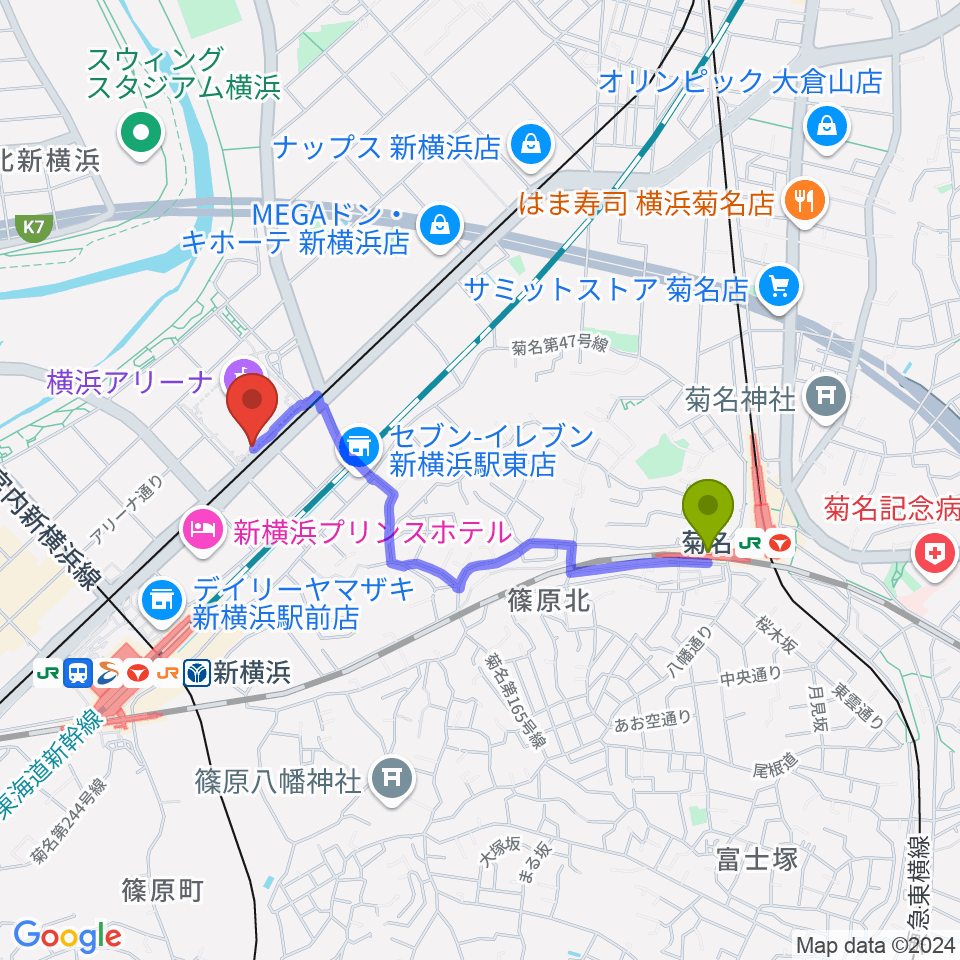 菊名駅から新横浜NEW SIDE BEACHへのルートマップ地図