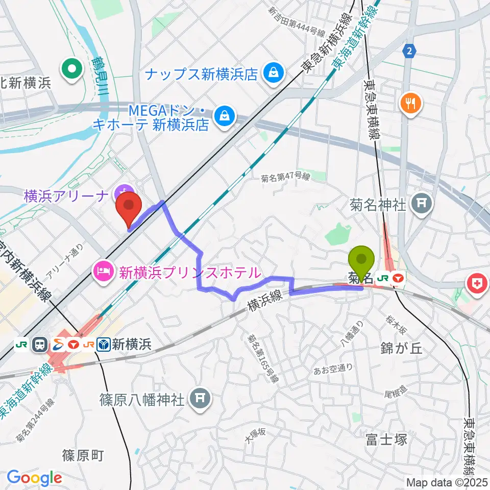 菊名駅から新横浜NEW SIDE BEACHへのルートマップ地図