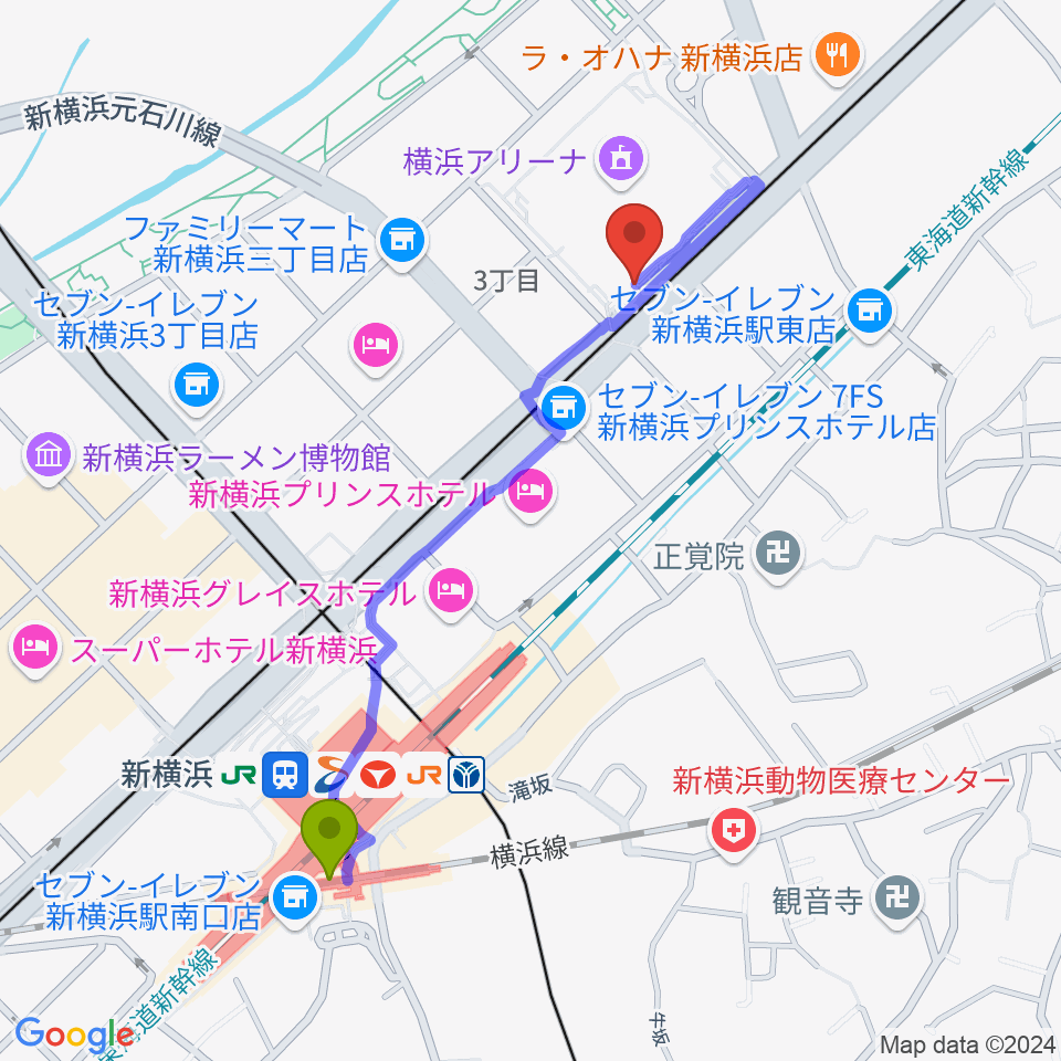 新横浜NEW SIDE BEACHの最寄駅新横浜駅からの徒歩ルート（約10分）地図