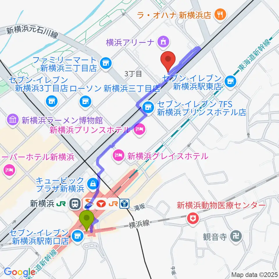 新横浜NEW SIDE BEACHの最寄駅新横浜駅からの徒歩ルート（約10分）地図