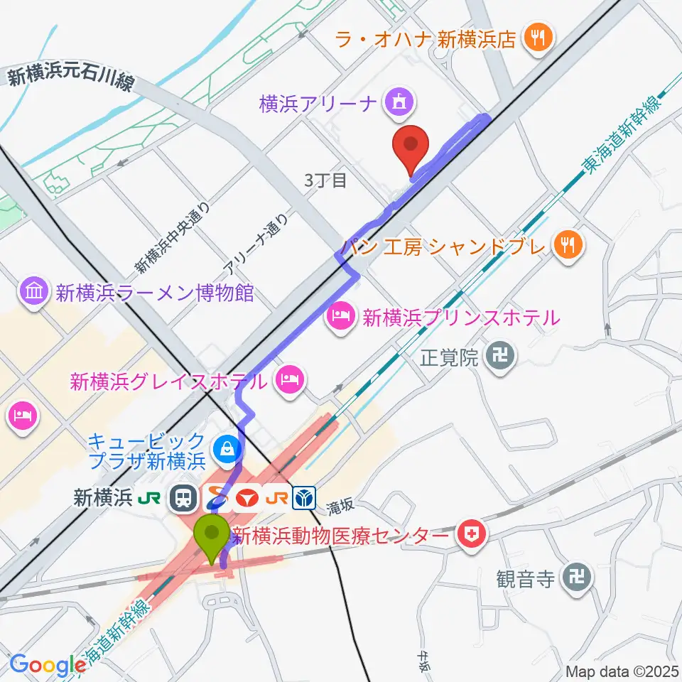 新横浜NEW SIDE BEACHの最寄駅新横浜駅からの徒歩ルート（約10分）地図