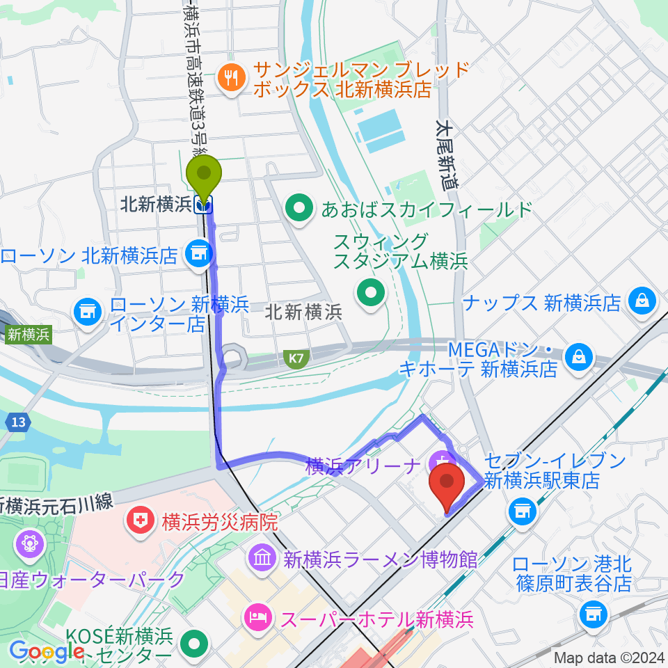 北新横浜駅から新横浜NEW SIDE BEACHへのルートマップ地図