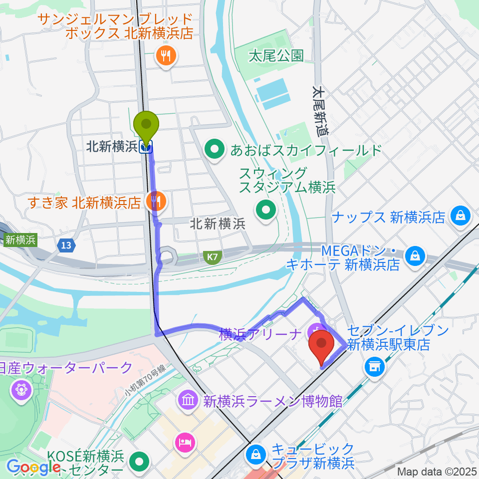 北新横浜駅から新横浜NEW SIDE BEACHへのルートマップ地図