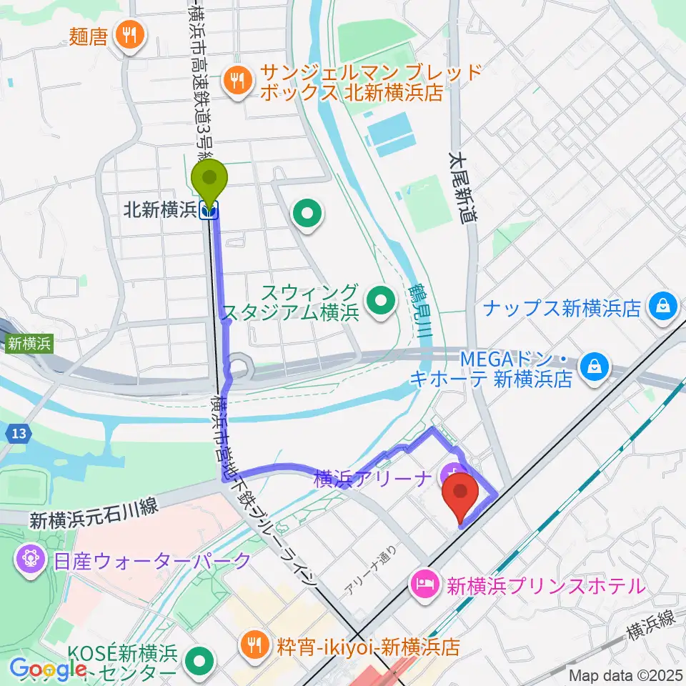 北新横浜駅から新横浜NEW SIDE BEACHへのルートマップ地図