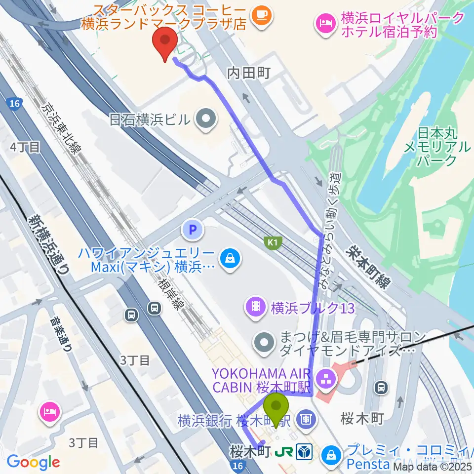 はまぎんホール ヴィアマーレの最寄駅桜木町駅からの徒歩ルート（約6分）地図