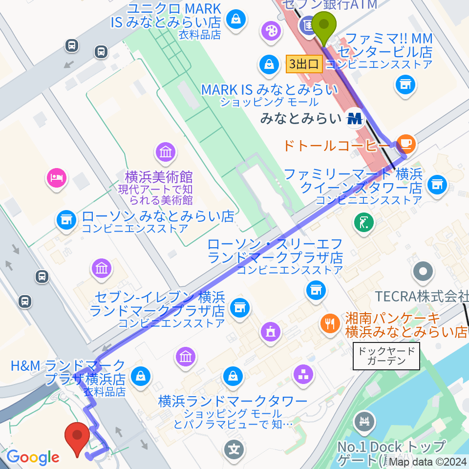 みなとみらい駅からはまぎんホール ヴィアマーレへのルートマップ地図