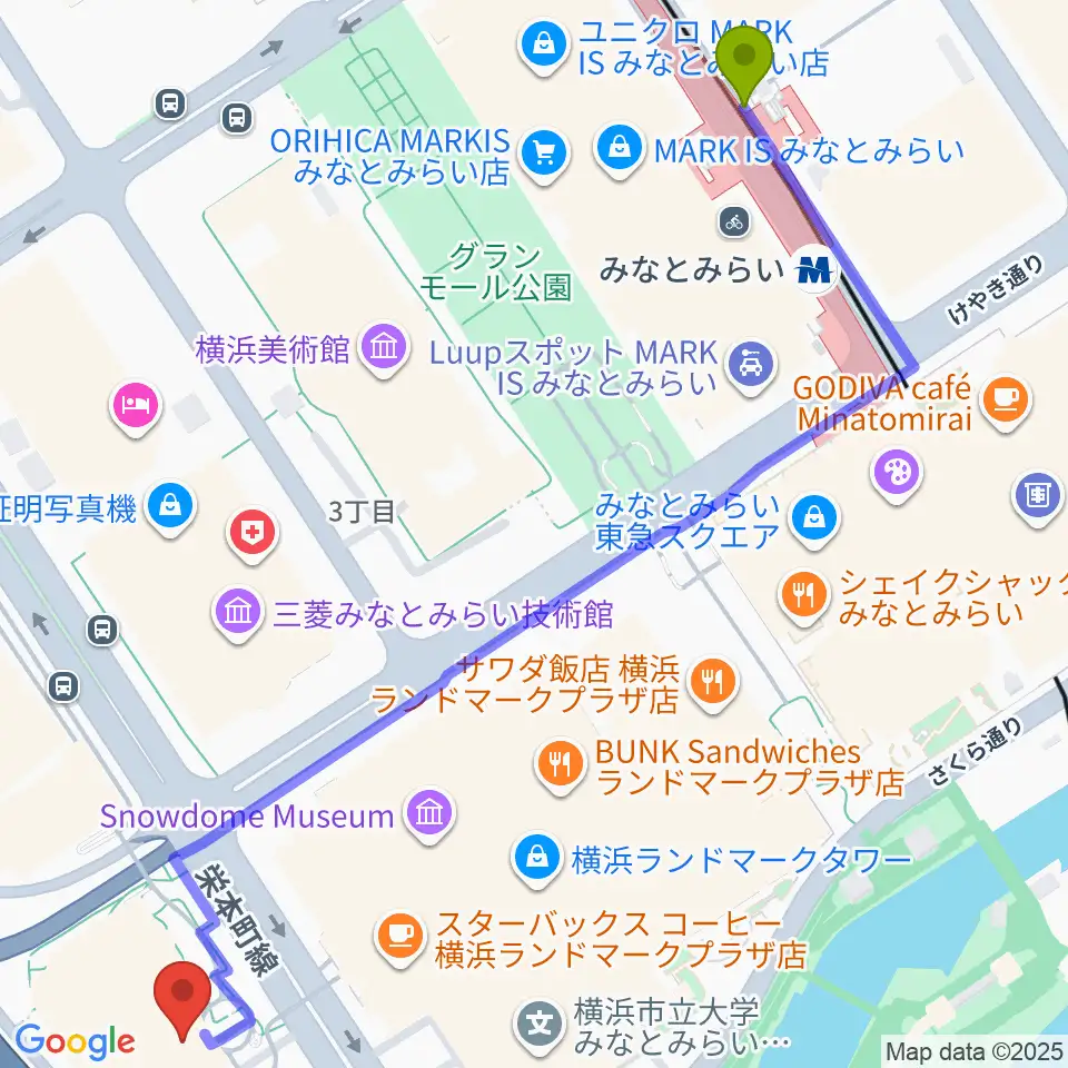 みなとみらい駅からはまぎんホール ヴィアマーレへのルートマップ地図