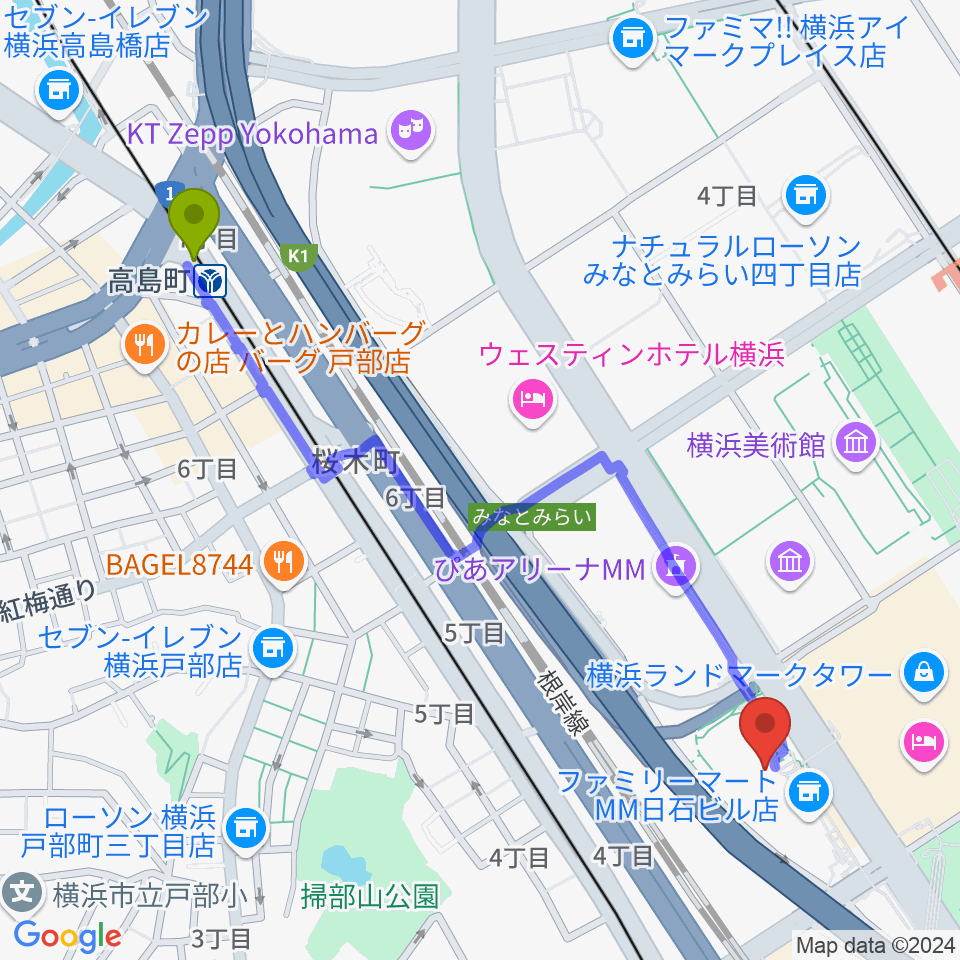 高島町駅からはまぎんホール ヴィアマーレへのルートマップ地図