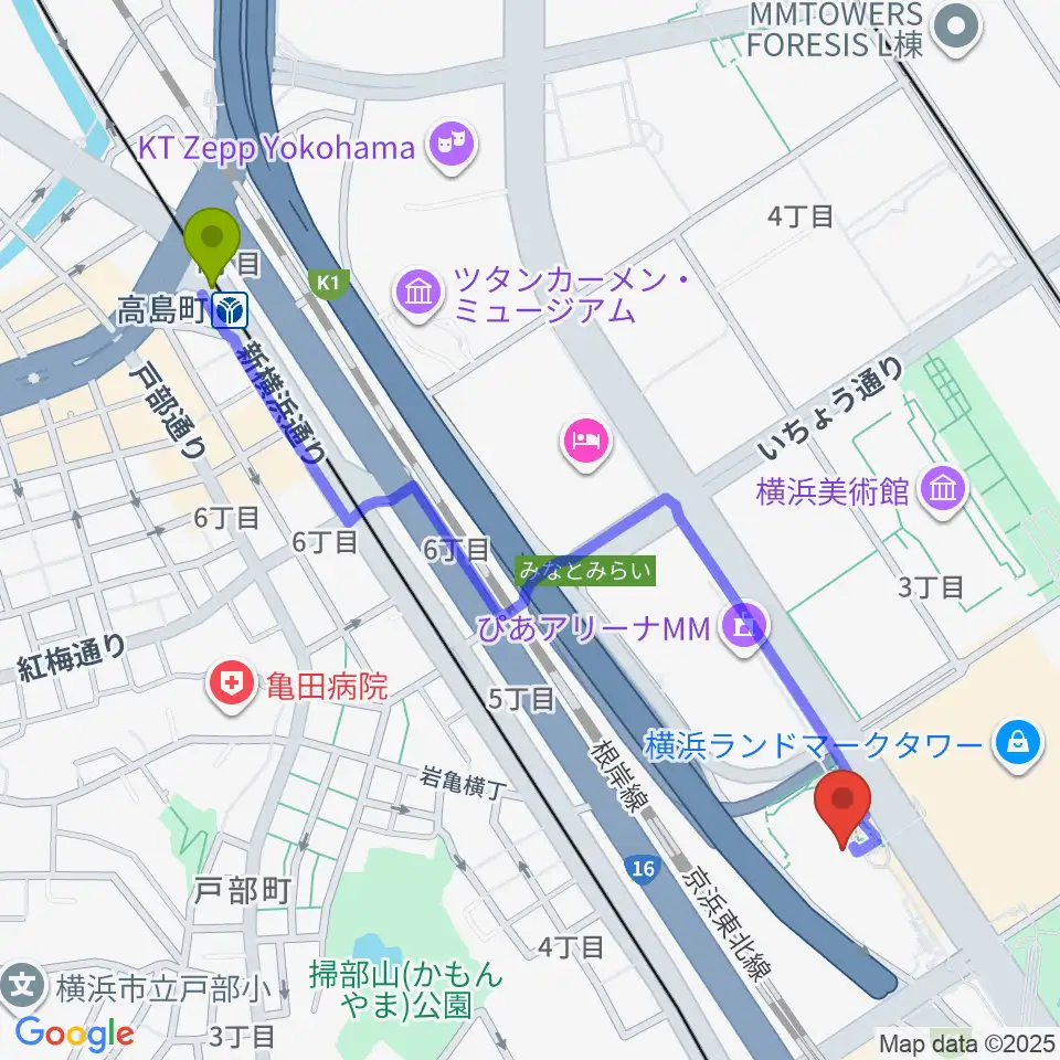 高島町駅からはまぎんホール ヴィアマーレへのルートマップ地図