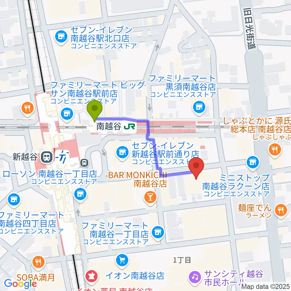 MACS大野楽器 南越谷店スタジオの最寄駅南越谷駅からの徒歩ルート（約3分）地図