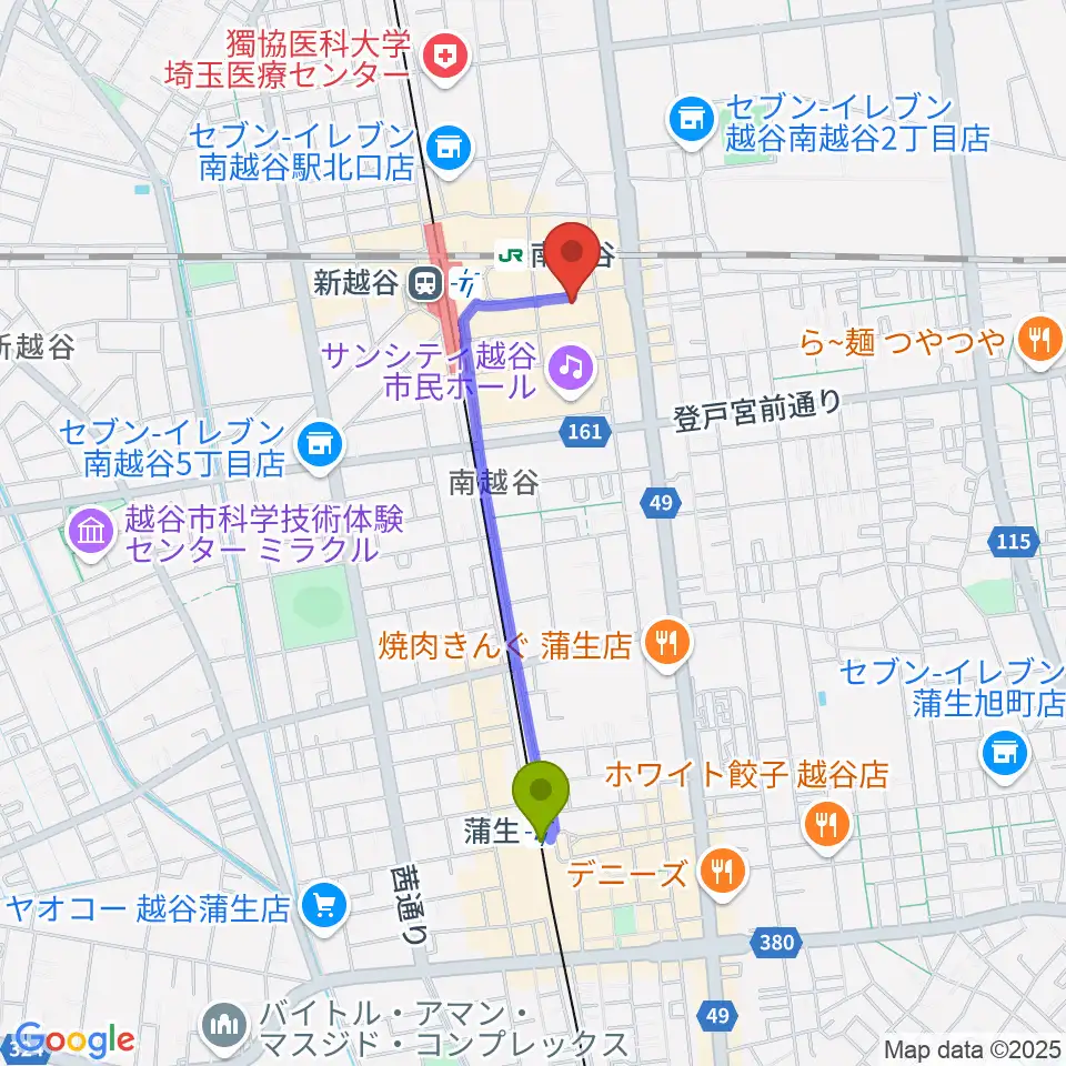 蒲生駅からMACS大野楽器 南越谷店スタジオへのルートマップ地図