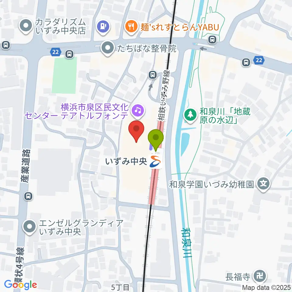 横浜市泉区民文化センター テアトルフォンテの最寄駅いずみ中央駅からの徒歩ルート（約1分）地図